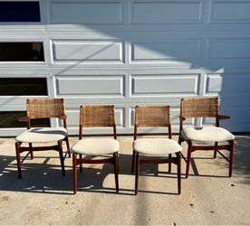 E. Knudsen for Jensen & Lykkegaard Danish Teak & Cane Dining Chairs – Set of 4