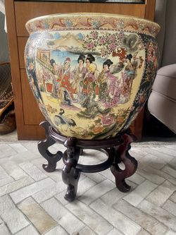 Large Geisha and Koi Fish Chinese Porcelain Fishbowl Planter With Stand