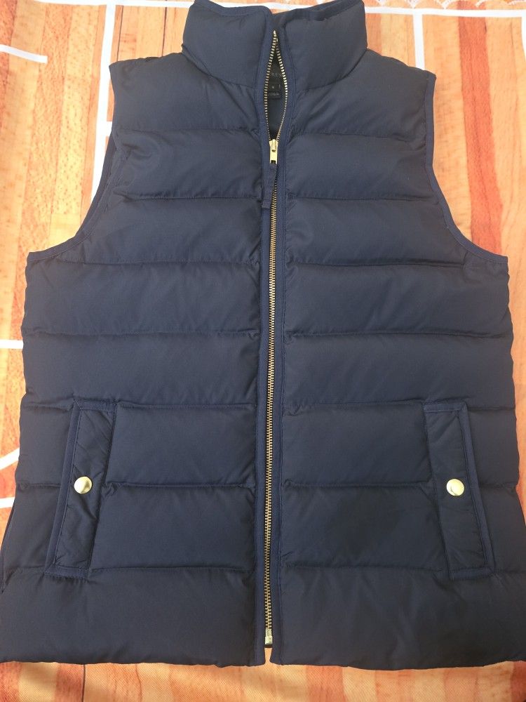 J. Crew Anthem Down and Feather Puffer Vest Navy Blue Gold Zippers