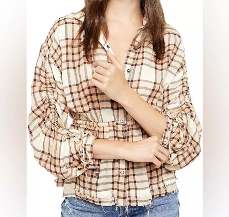 We The Free Women’s Plaid Released Trim Size Large Blouse Top Button Up
