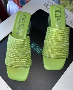 Green Slide In Sandals With Block Heel