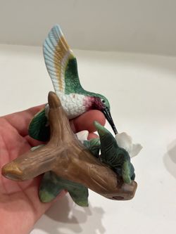 Vintage Porcelain Ruby-Throated Hummingbird and Flower Figurine