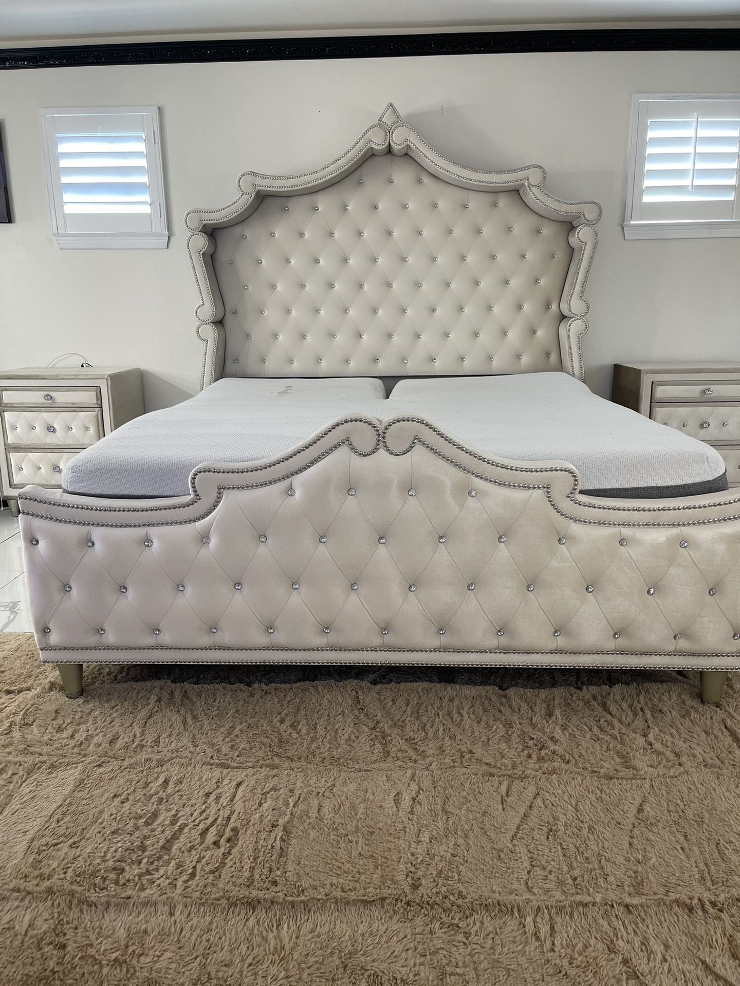 King Size Bed - Elegant Beige Velvet Bed w/ Crystal Like Button Tufting