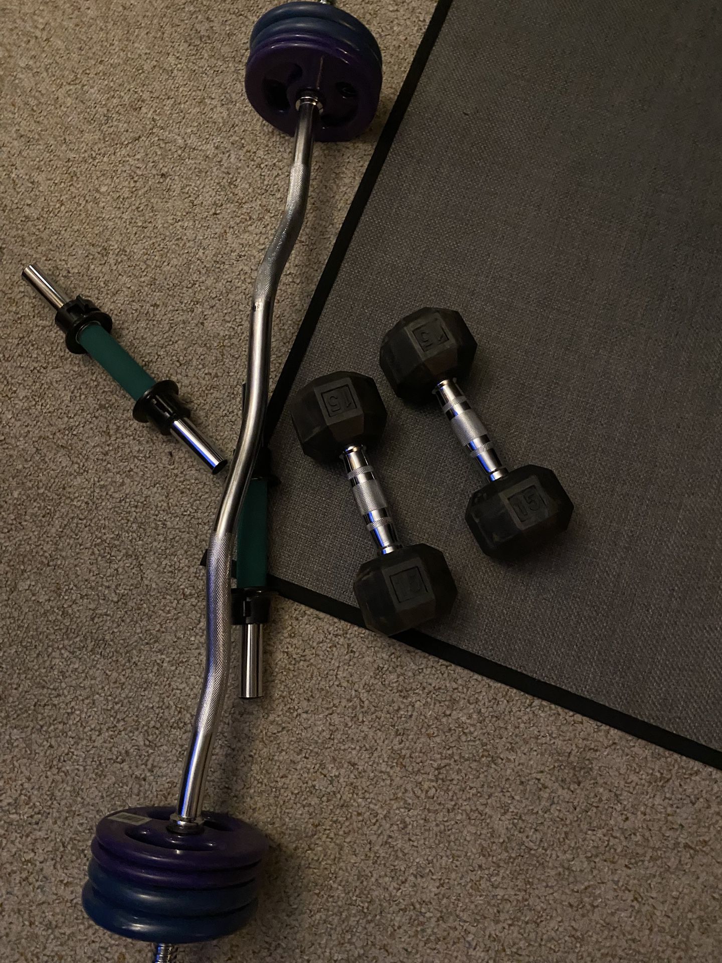Single Standard Bars Standard Curl Bar  With Black Rubber Dumbbells 