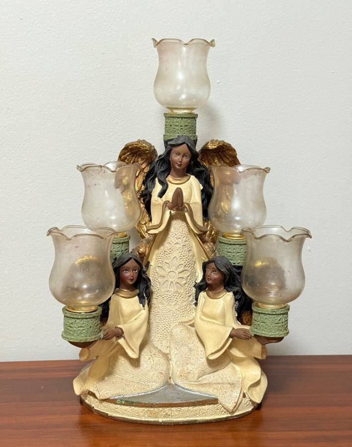 Three Angels 5 Votive Candelabra Candle Holder Resin And Glass Christmas Decor
