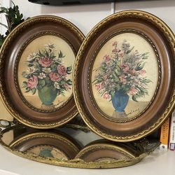 1940s Oval Still Life Floral Paintings Flower Wall Art Decor Matching Set