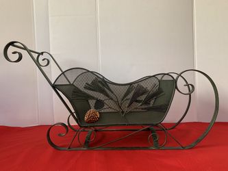 Green Metal Christmas Santa Sleigh Decoration Heavy Large 25” X 13” X 9”