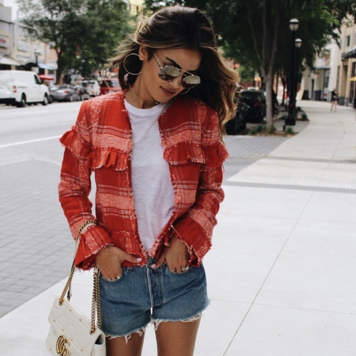 ZARA Red Pink Blogger Favorite Plaid Tweed Fringe Ruffle