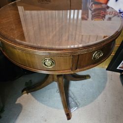 Antique Wood End Table With Glass Top