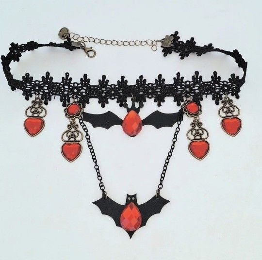 Black lace choker necklace with bats, red crystals & bronze scroll drops w/BONUS