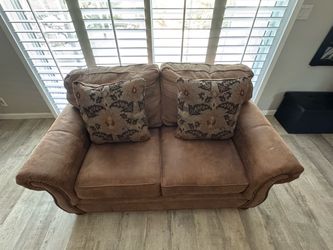 Tan Microfiber Loveseat with Accent Pillows