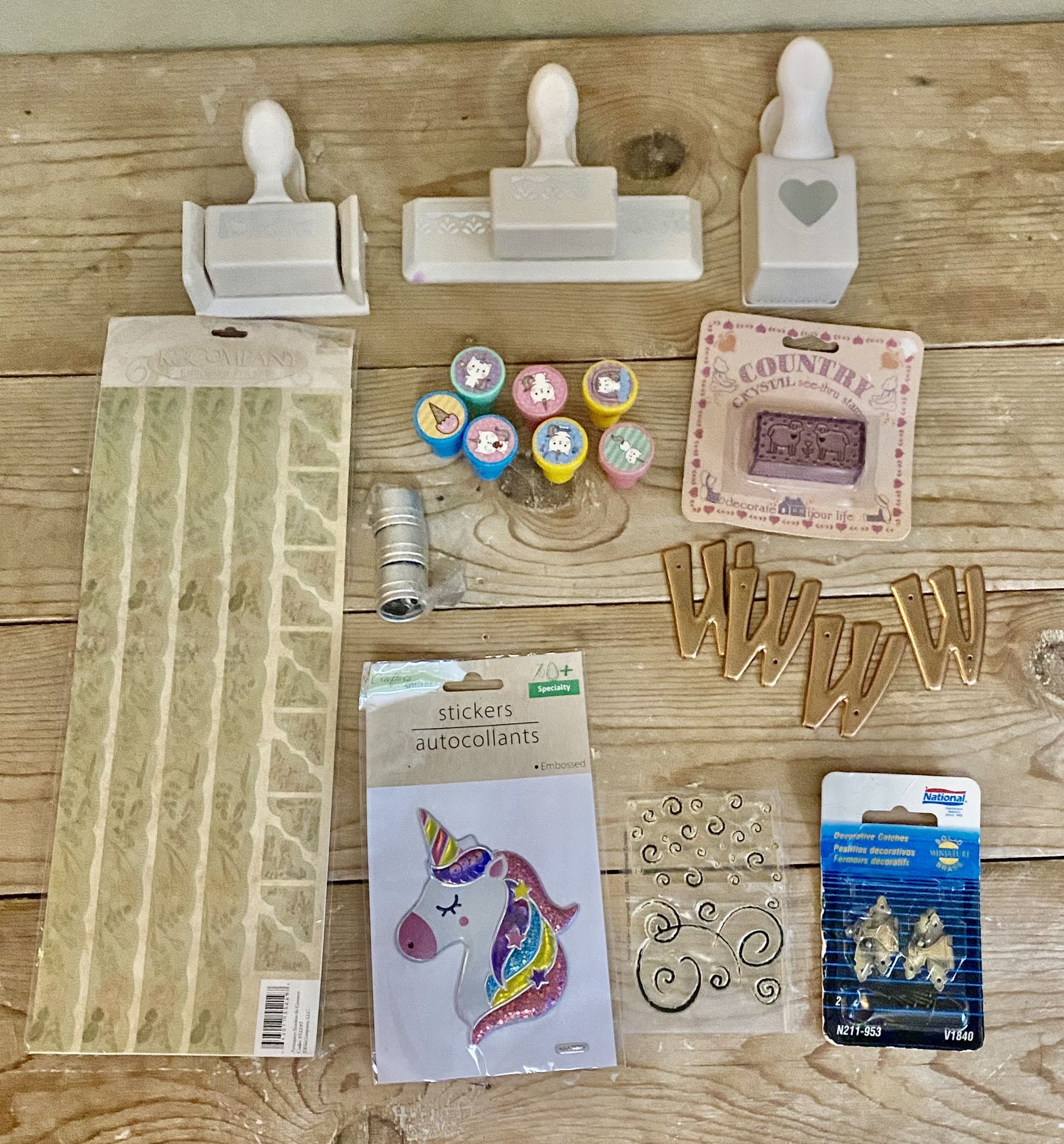 Art & Crafts Mix Lot Stamps Stickers Paper Punch Grommets Unicorn Country Heart