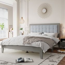 Queen Solid Wood Platform Upholstered Headboard Bed