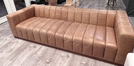 CB2 FORTE CHANNELED SADDLE LEATHER EXTRA LARGE SOFA -