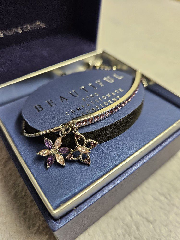 Brilliance crystal by swarovski bracelet 2 charms flower & butterfly purple pink