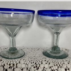 Set Of 4 Cobalt Rim blue Mexican hand blown 4.5” Margarita Glasses Heavy