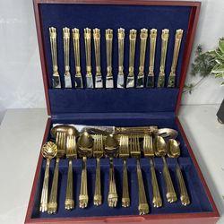 Gold Tone Flatware Set in Presentation Case Elegant Ribbed Design Vintage Luxury Dining