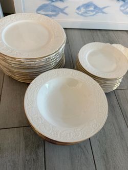 White Embossed Dinnerware Set with Gold Rim