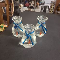 Murano Style Hand Blown Art Glass Set Of 3 Glass Bags W/Faux Fish & Blue Glass Ribbon 5.25"H X 3.75"W