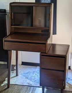 Extendable Vanity Desk with Dresser, Ash Wood Makeup Table Vanity Set with LED Light