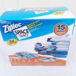 NEW Ziploc Space Bag 15-Bag Storage Set with Turbo Valve, Double Zipper, Durable Multi-Layer Construction - Designed to Compress & Store Bulky Items