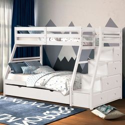 Brand New White Twin Over Full Bunk Bed w Staircase and Trundle
