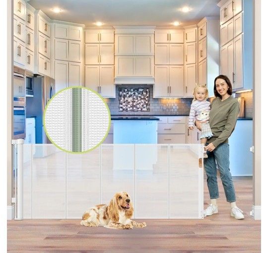 Reinforced 80 Inch Extra Wide Retractable Baby Gate with Reinforcement Strip Tall Retractable Dog Gate Mesh Outdoor Baby Gate for Decks Retractable Pe