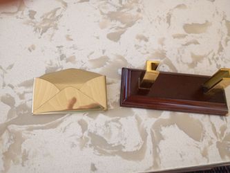 business card Holder -Brass and Wood Desk Accessory Set