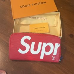 Louis Vuitton Supreme, Red, Leather Zippered Clutch Wallet, New Inbox