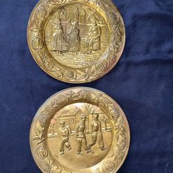 Vintage Brass Plate Wall Hanging Smaller Set Of 2