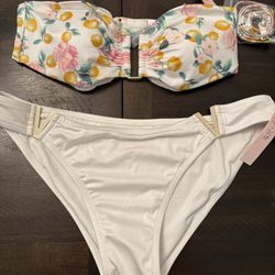 VICTORIAS SECRET White 2 Piece Bikini Strapless/Halter V Gold Hardware L/XL NWT