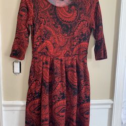 Reborn Red Black Paisley Fit&Flare Dress Size L 3/4 Sleeve Pockets Stretch Knit