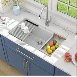 New Lordear 30” White Granite Composite Kitchen Sink Undermount 30x19 Inch Single Bowl Workstation