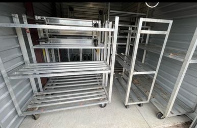 COMMERCIAL ALUMINUM CARTS - COOLER & FREEZER SHELVING — MULTIPLE UNITS AVAILABLE Heavy-duty commercial aluminum shelving and rolling carts for restau