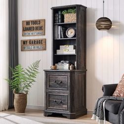 6-Tier Bookcase with 2 File Drawers, 72" Tall Farmhouse Bookshelf with Storage & Adjustable Shelves, Wooden Floor Standing Display Book Shelf Organize