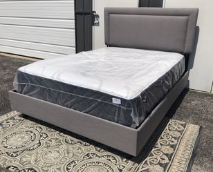 New Adorable QUEEN size grey linen bed frame with headboard $330 or $650 with memory foam hybrid mattress and box spring