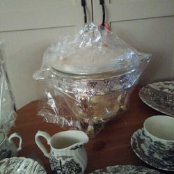 Silver Plated Heated Serving Bowl And Two Three Candle Candelabras Also Silver Plated