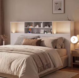 Bookcase Headboard with Charging Station-King Headboard with LED Lights,Freestanding Storage