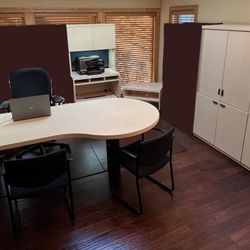 10 Pc  Office Furniture Set: Desk, P-Top, File Cabinets, Hutches, Storage/Wardrobe Unit, TV / A/V Cabinet, Table, Chairs, Lights, Etc! Est $19k+ new!