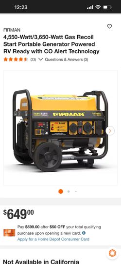 FIRMAN 4,550-Watt/3,650-Watt Gas Recoil Start Portable Generator Powered RV Ready with CO Alert Tech