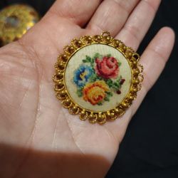 Vintage Hand Stitched Floral Brooch 