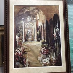 European Twin Statue Flower Vintage Wood Frame Painting