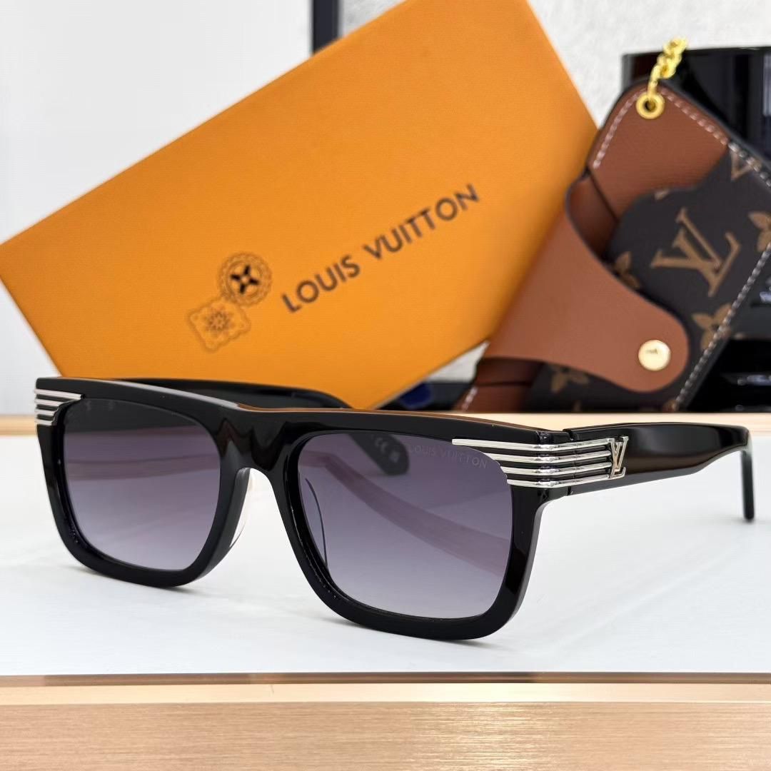 LV Black Rectangle Sunglasses w/ Gold Stripe Arms 