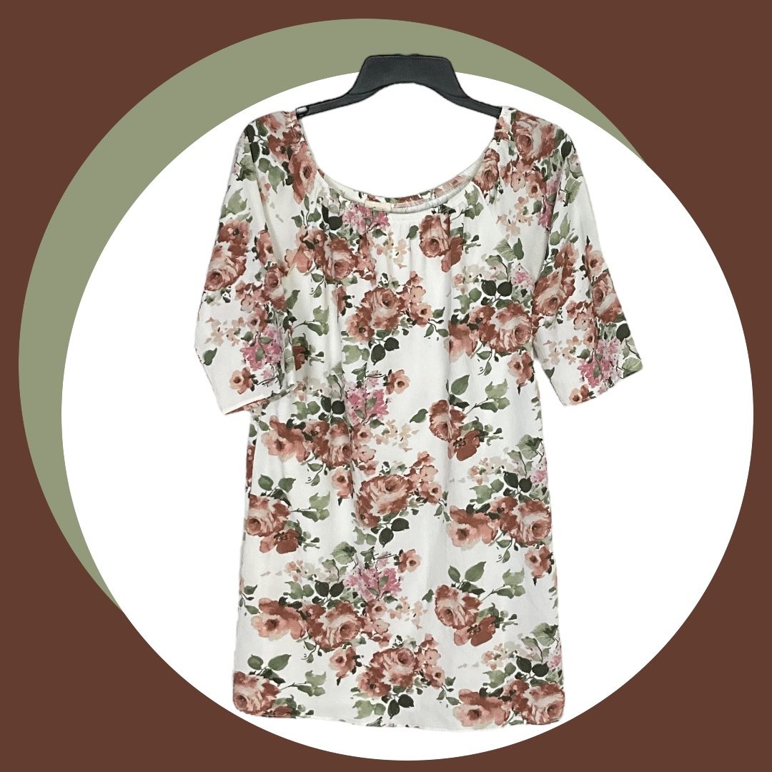 Tavia White w Rust, Pink, Beige, and Green Floral Print Long Top Women M