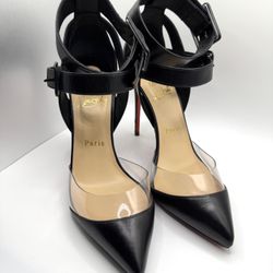 Christian Louboutin Multimiss 100 Leather/PVC Red Sole Pumps, Black, Women's, 38EU