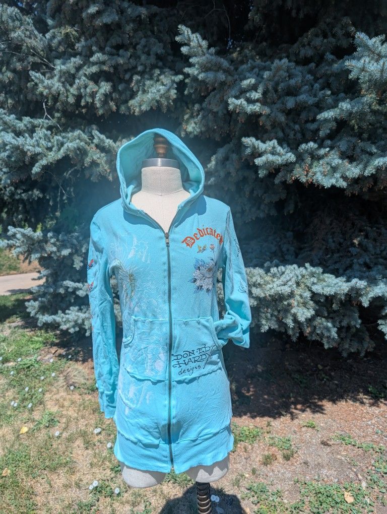 Ed Hardy 2000's Turquoise Long Hoodie