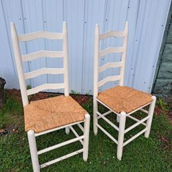 2 White Ladder Back Natural Rush Seat Chairs ~ Solid Wood Frames 