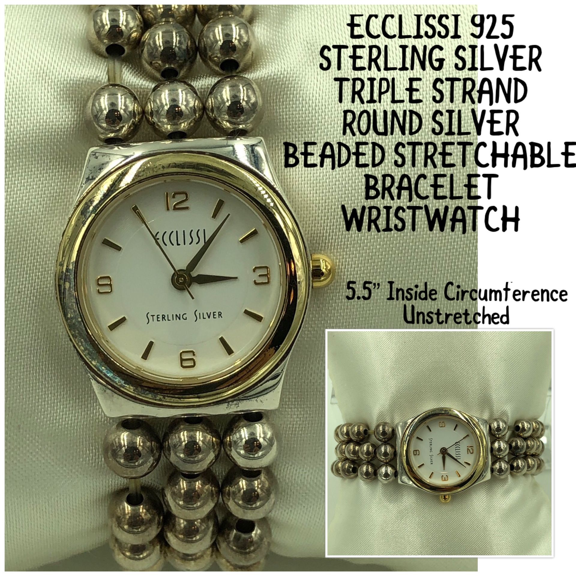 ECCLISSI 925 STER Silver Triple Strand Beaded Stretchable Bracelet Wristwatch