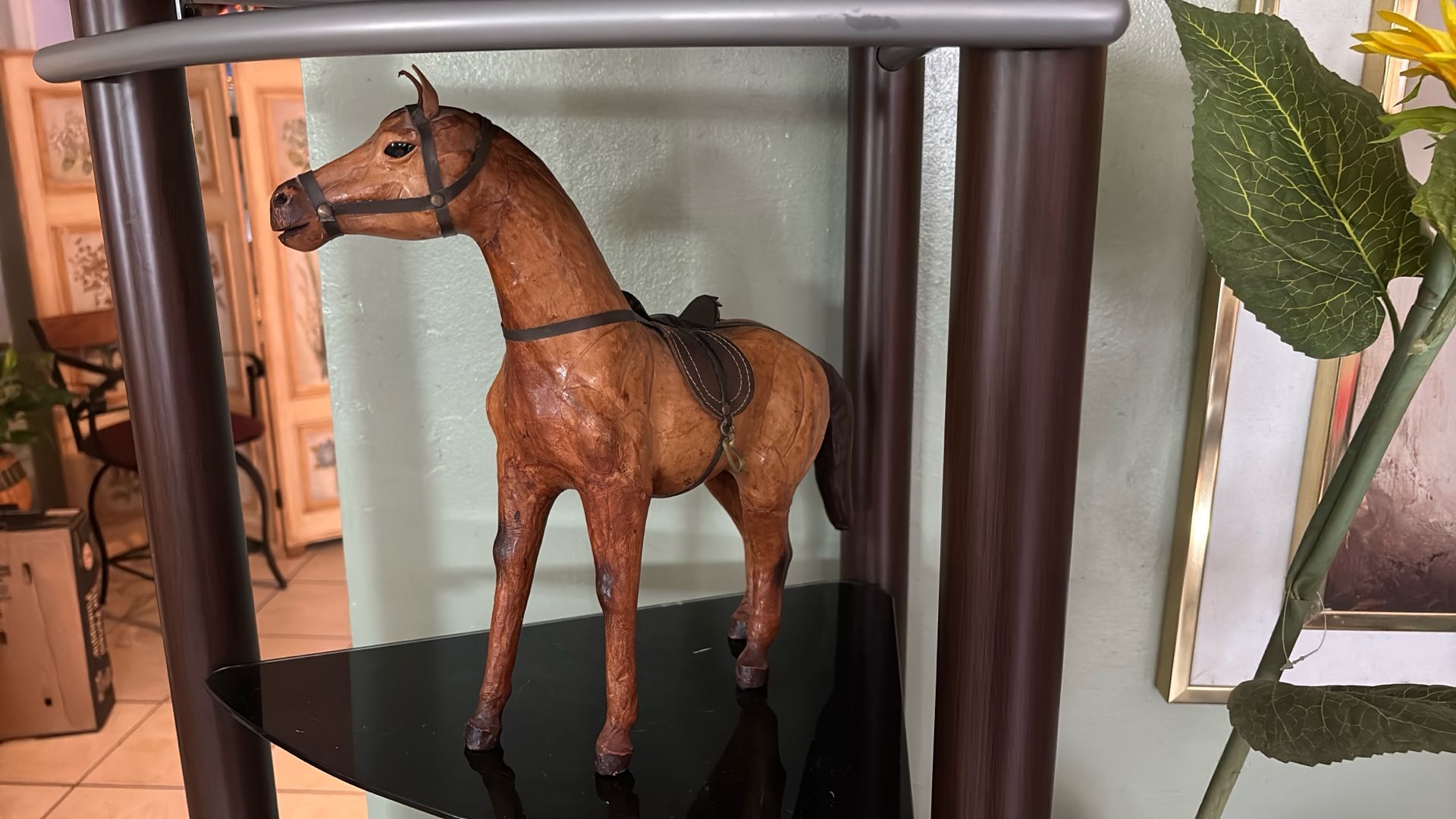 Vintage man-made horse of leather, except the eyes and the stripes absolutely gorgeous