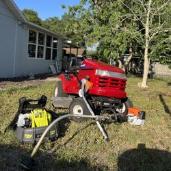 18.5hp Craftsman DYT4000/ STIHL Multitasking Power Head Including Edger Attachment And Weed Eater Attachment/ With RYOBl Gas Backpack Blower